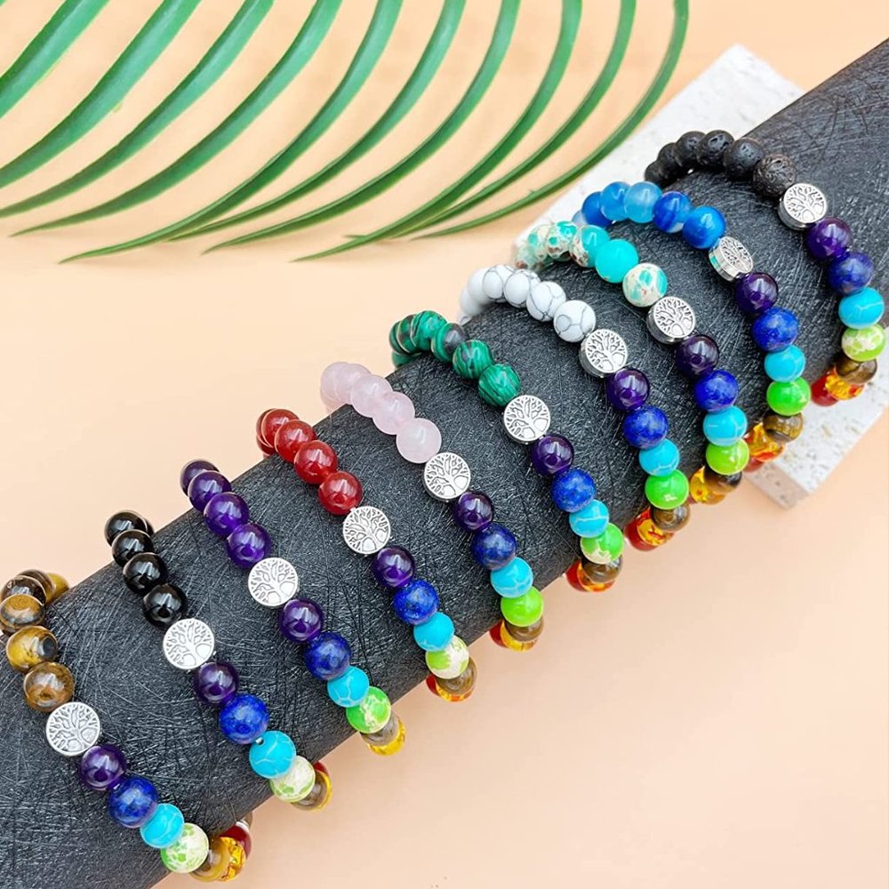 New 10Pcs Tree of Life Healing Crystals Bracelet - 7 Chakra Semi Precious Stones - Picture 2 of 7